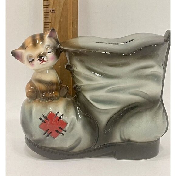 Vintage Ceramaster Tabby Cat on Boot Coin Bank 4.75x5.75x3” Kitten Japanese - Picture 8 of 13